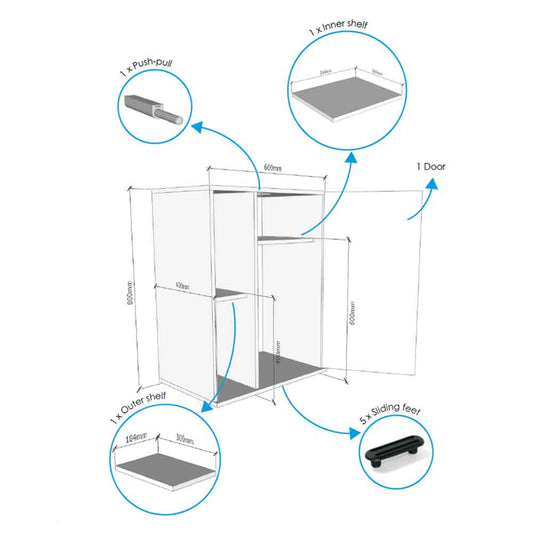 Diagram of an askoll 110 Opera aquarium storage unit with labeled parts and dimensions on a white background