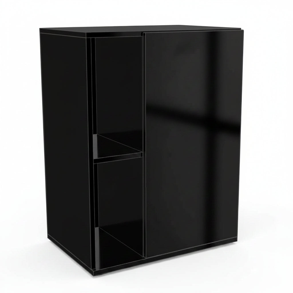 A black glossy wall-mounted cabinet with one open shelf and one door, shown at a three-quarter angle on a plain white background.