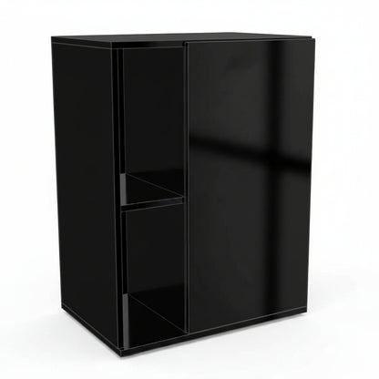 A black glossy wall-mounted cabinet with one open shelf and one door, shown at a three-quarter angle on a plain white background.