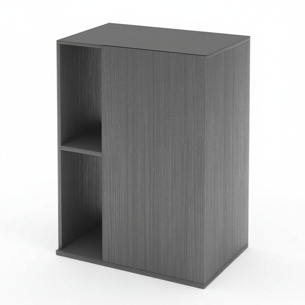 An Askoll opera 110 gray wooden aquarium cabinet with one open shelf and a sliding door, shown on a plain white background.