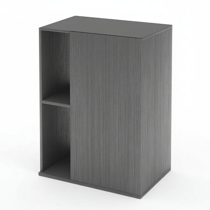An Askoll opera 110 gray wooden aquarium cabinet with one open shelf and a sliding door, shown on a plain white background.
