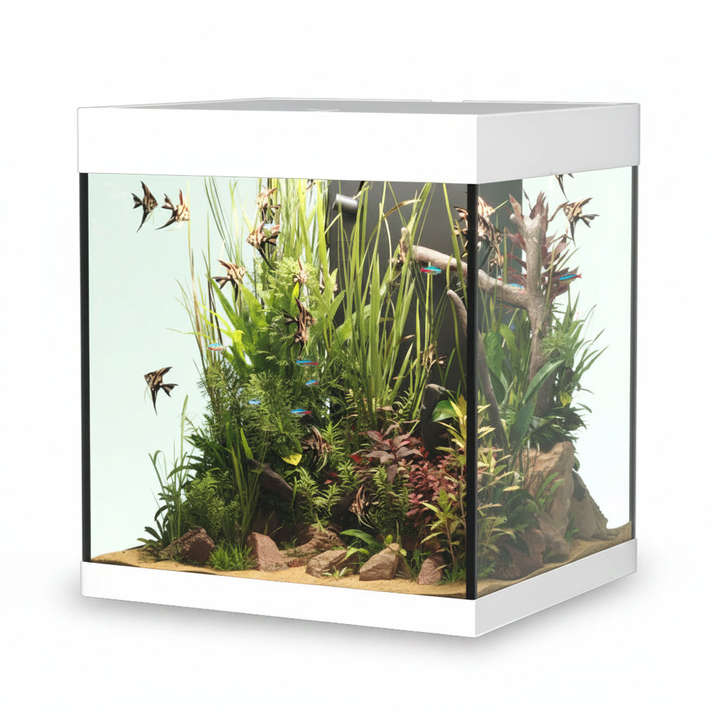 Fish tank with plants and fish on a white background
