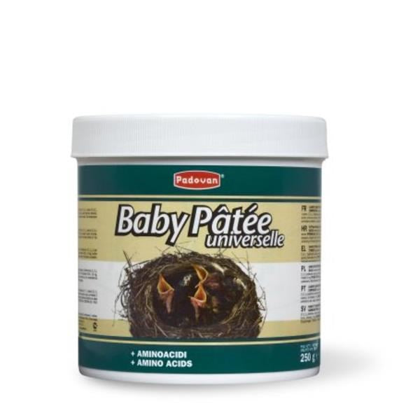 A white plastic tub of Padovan Baby Pâtée Universelle bird supplement with a green and beige label showing a bird's nest with open beaks.