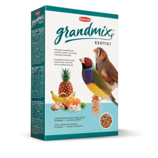 A box of Pedevon Grandmix Esotici bird food, featuring illustrations of a colorful bird and tropical fruits on a white background.