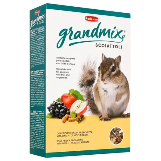 Box of Padovan Grandmix for squirrels with a squirrel illustration and food images on a white background.