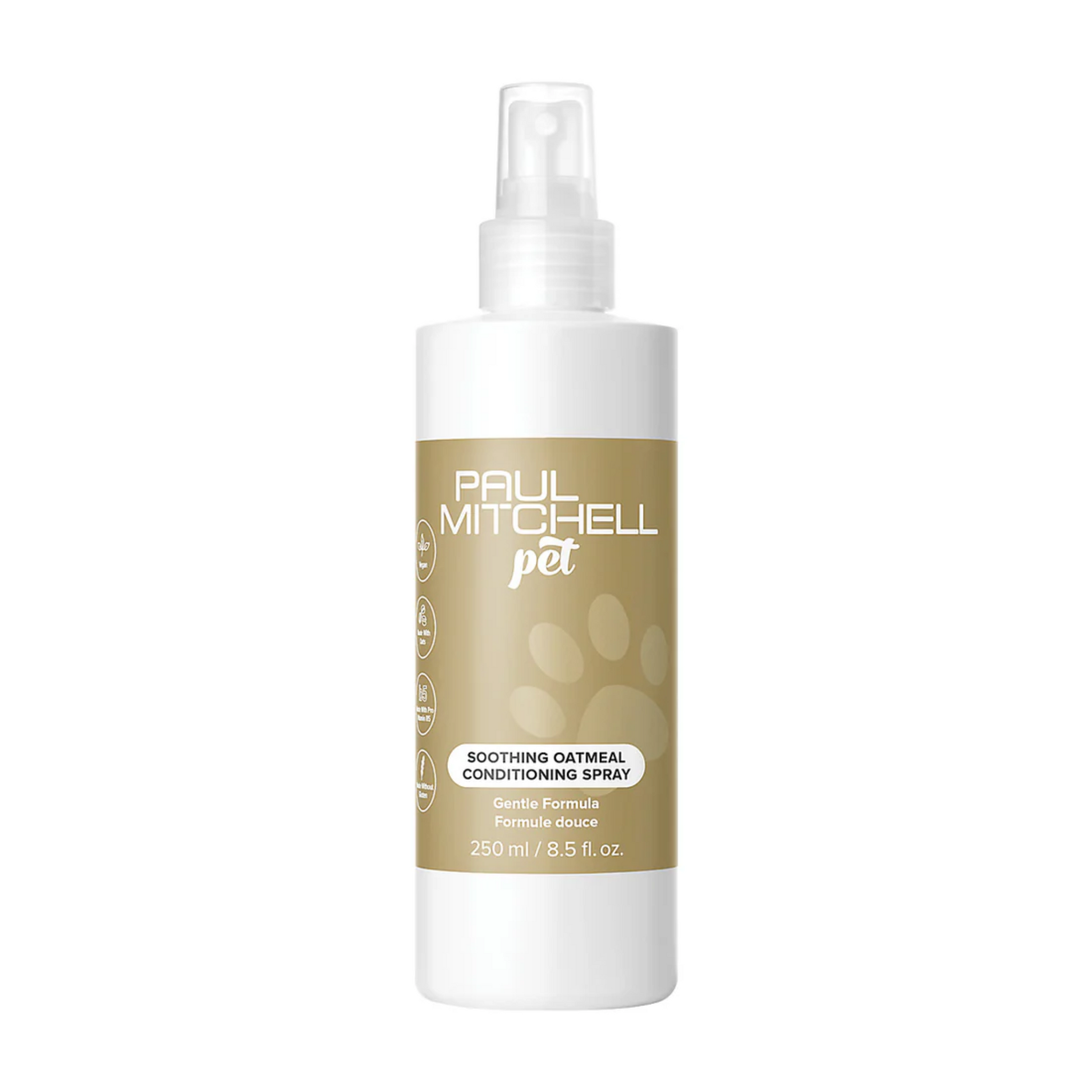 A white plastic spray bottle of Paul Mitchell Pet Soothing Oatmeal Conditioning Spray with a beige label, shown on a plain white background.