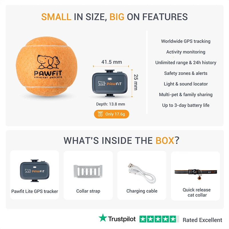 Pawfit Lite Cat GPS Tracker & Collar | Smallest 4G Activity Monitor | No More Missing Pets!