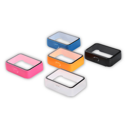 Five square pawfit 3 gps protective covers guards in pink, blue, orange, black, and white, arranged on a clean white background.