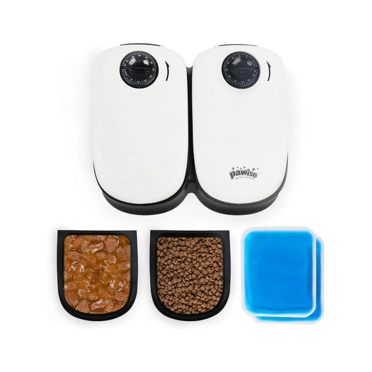 Pawise Automatic Cat & Dog Feeder with Ice Pack, 2-Meal Pet Wet & Dry Food Dispenser with 48-Hour Timer
