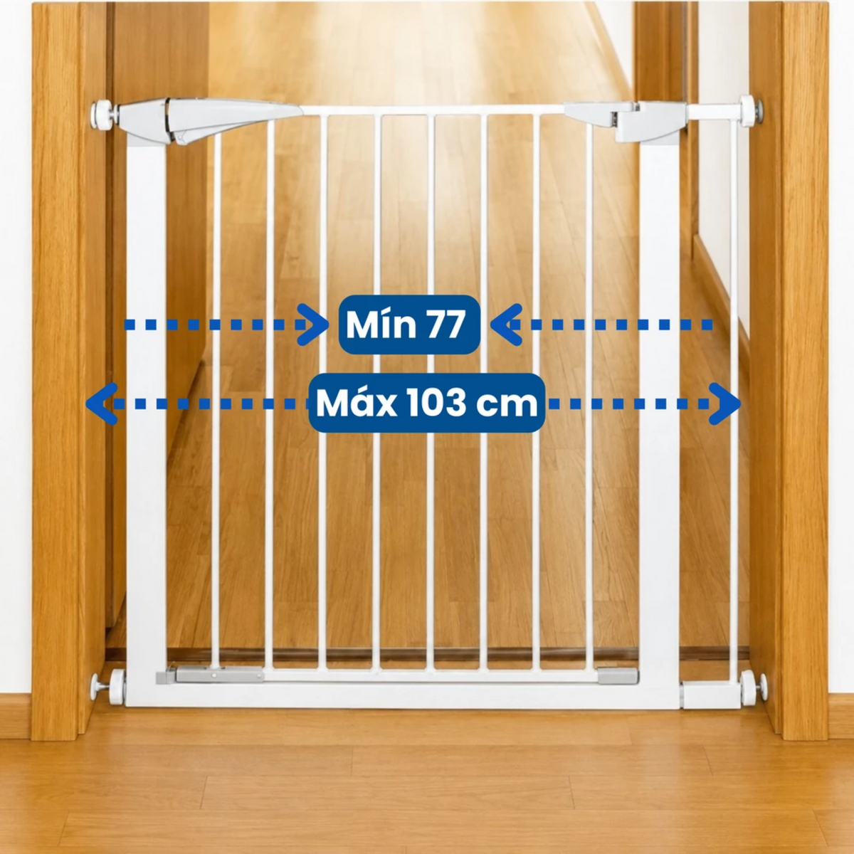 White metal door safety gate installed across a wooden doorway, with blue measurement overlays showing minimum 77 cm width and maximum 103 cm width.