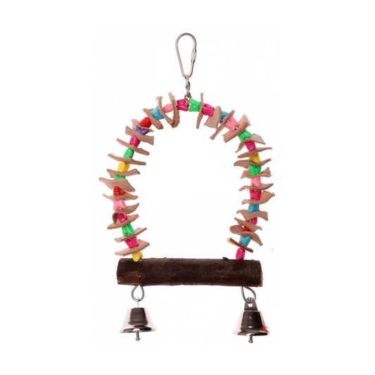 A bird toy hanging arched structure made of small wooden pieces with colorful beads, a dark brown horizontal perch, and two small metal bells at the bottom, shown on a plain white background.