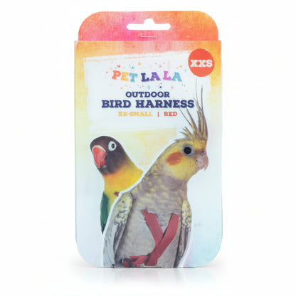 Pet Lala XXS outdoor bird harness packaging, featuring a cockatiel and a lovebird on the front, with a red-orange watercolor header and a hanging tab.