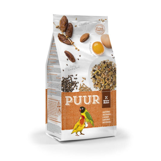 2kg bag of Puur Lovebird Gourmet Seed Mix featuring illustrations of dates, egg, and seeds on a white textured package.
