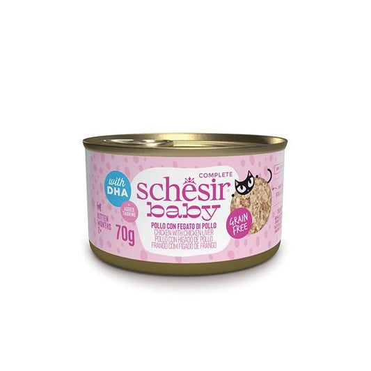 A 70g can of Schésin Baby Complete Grain Free chicken wet cat food, featuring a pink label with a gold metal rim and base, on a white background.
