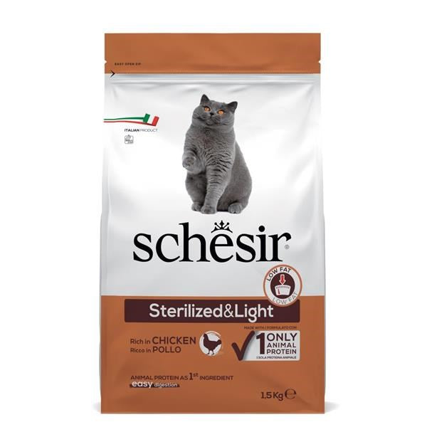Schesir cat food package for sterilized and light cats on a white background