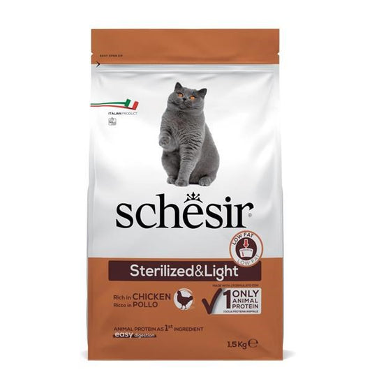 Schesir cat food package for sterilized and light cats on a white background