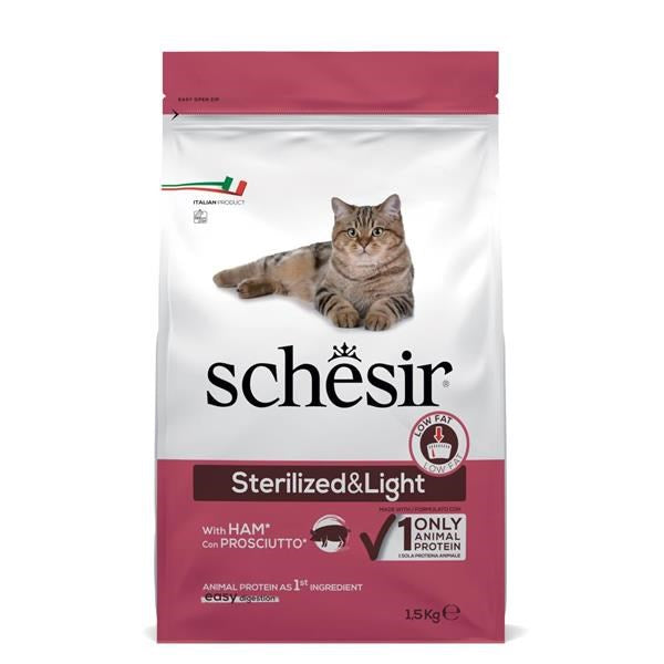 Schésir cat food bag for sterilized cats, featuring a brown tabby cat on a white and pink package. The bag is labeled 'Sterilized&Light' and contains 1.