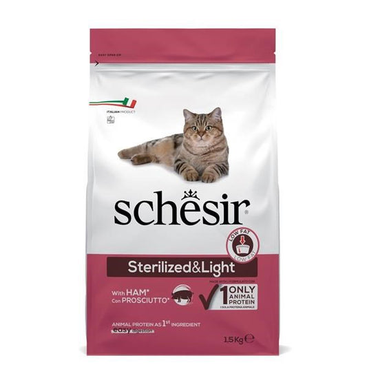 Schésir cat food bag for sterilized cats, featuring a brown tabby cat on a white and pink package. The bag is labeled 'Sterilized&Light' and contains 1.