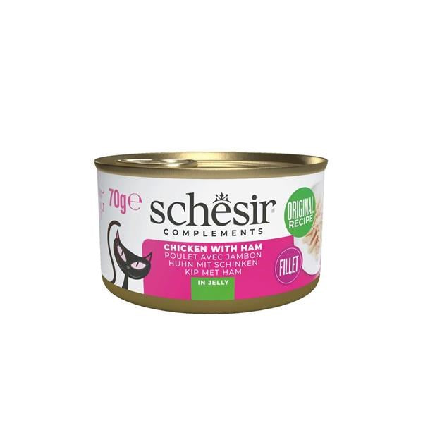 Can of Schesir cat food with chicken and ham on a white background