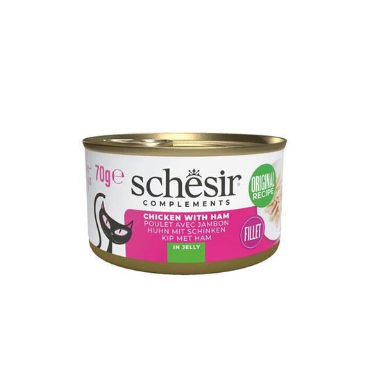 Can of Schesir cat food with chicken and ham on a white background