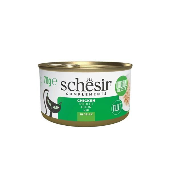 Can of Schesir chicken cat food on a white background