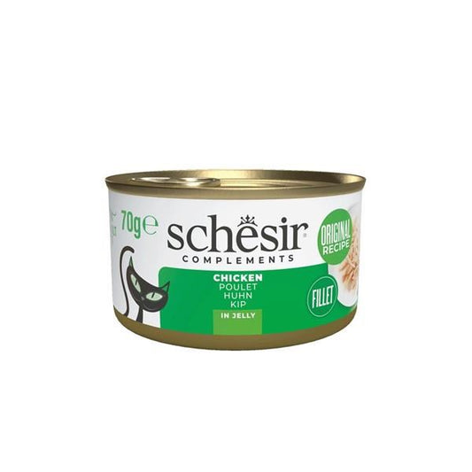 Can of Schesir chicken cat food on a white background