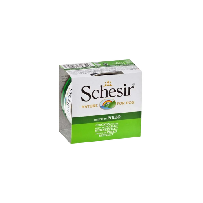 A pack of Schesir Nature for Dog chicken filletts in a white and green cardboard box, shown on a plain white background.
