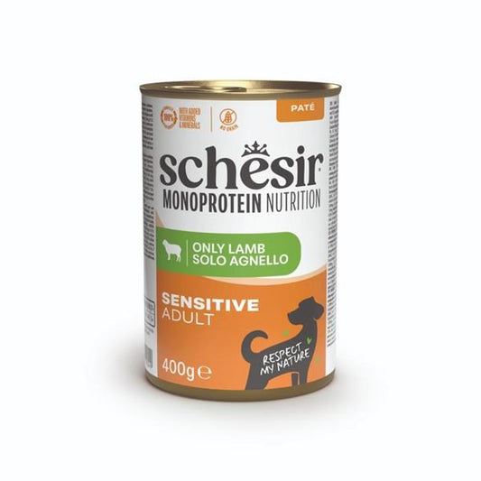 A 400g can of Schesir Monoprotein Nutrition Sensitive Adult Lamb cat food, featuring a white and orange label with a green accent band, shown on a clean white background.