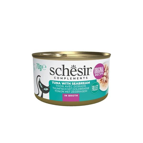 A can of Schesir Complements Tuna with Seabream wet cat food, featuring a white label with teal, purple, and gold accents, on a plain white background.