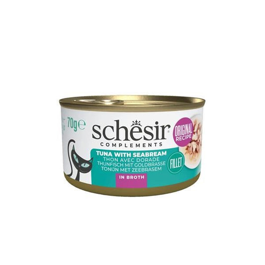 A can of Schesir Complements Tuna with Seabream wet cat food, featuring a white label with teal, purple, and gold accents, on a plain white background.