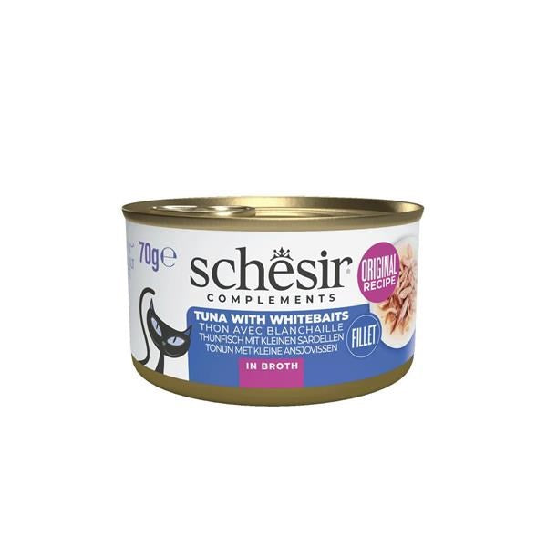 Canned tuna with whitebait in broth by Schesir on a white background