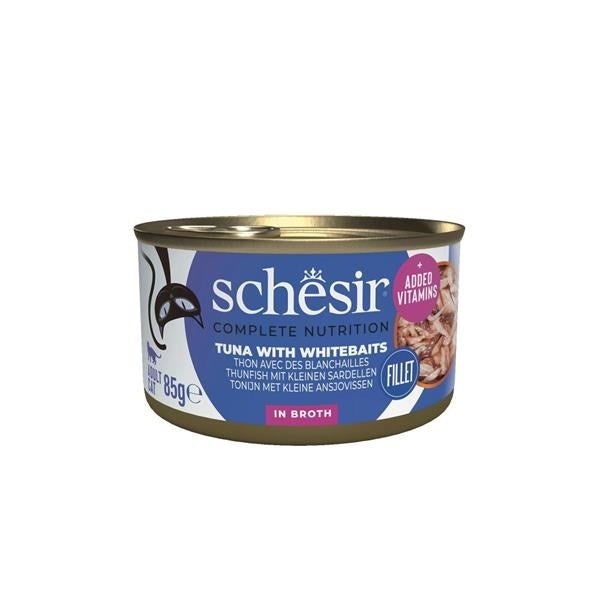 A can of Schésir Tuna with Whitebaits wet cat food, featuring a blue and white label with a gold rim, on a plain white background.
