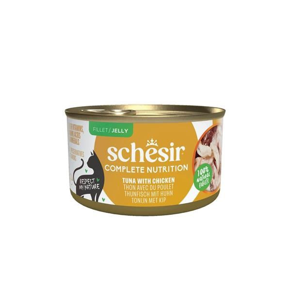 A can of Schäsir Complete Nutrition wet cat food, specifically Tuna with Chicken, on a plain white background.