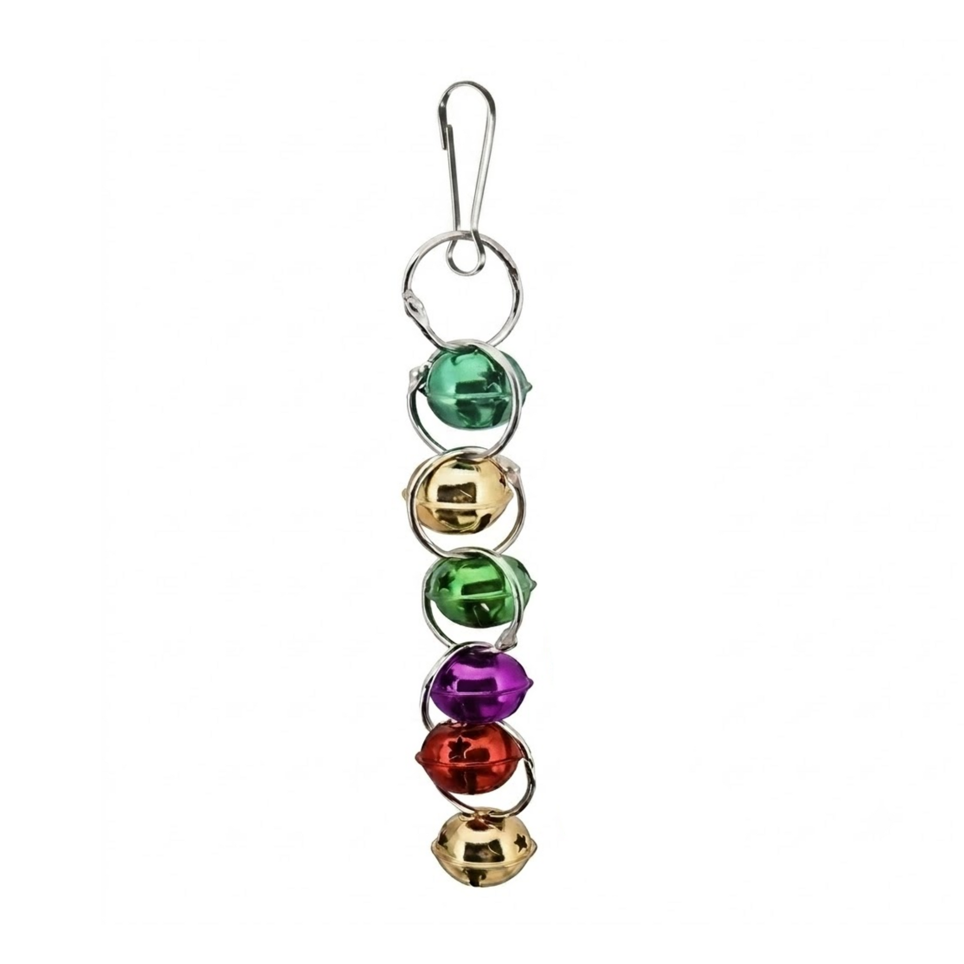 A vertical hanging bird toy made of a silver metal clip and five stacked metallic bells in green, gold, green, purple, red, and gold, shown on a plain white background.