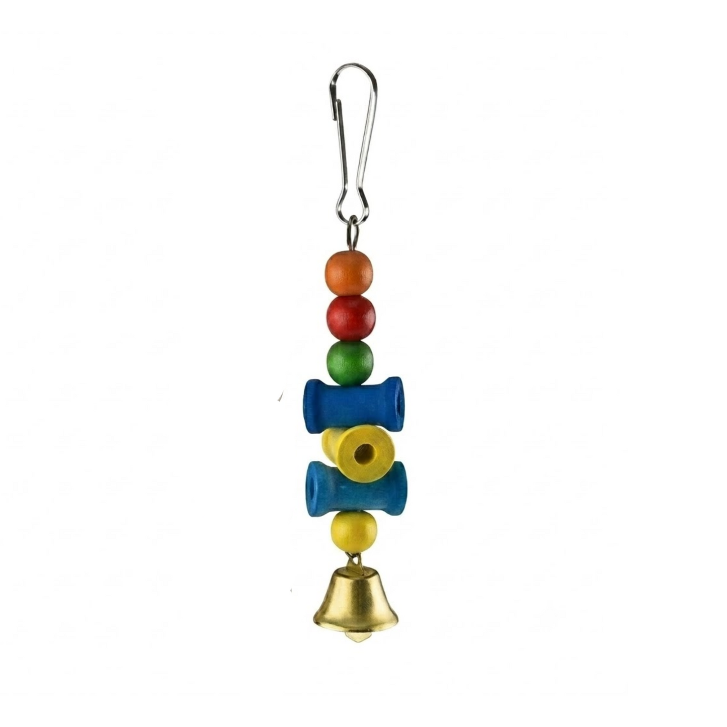 A colorful bird toy hanging from a silver metal clip, featuring wooden beads in orange, red, green, and blue, cylindrical blue and yellow pieces, and a small gold bell at the bottom, shown against a plain white background.