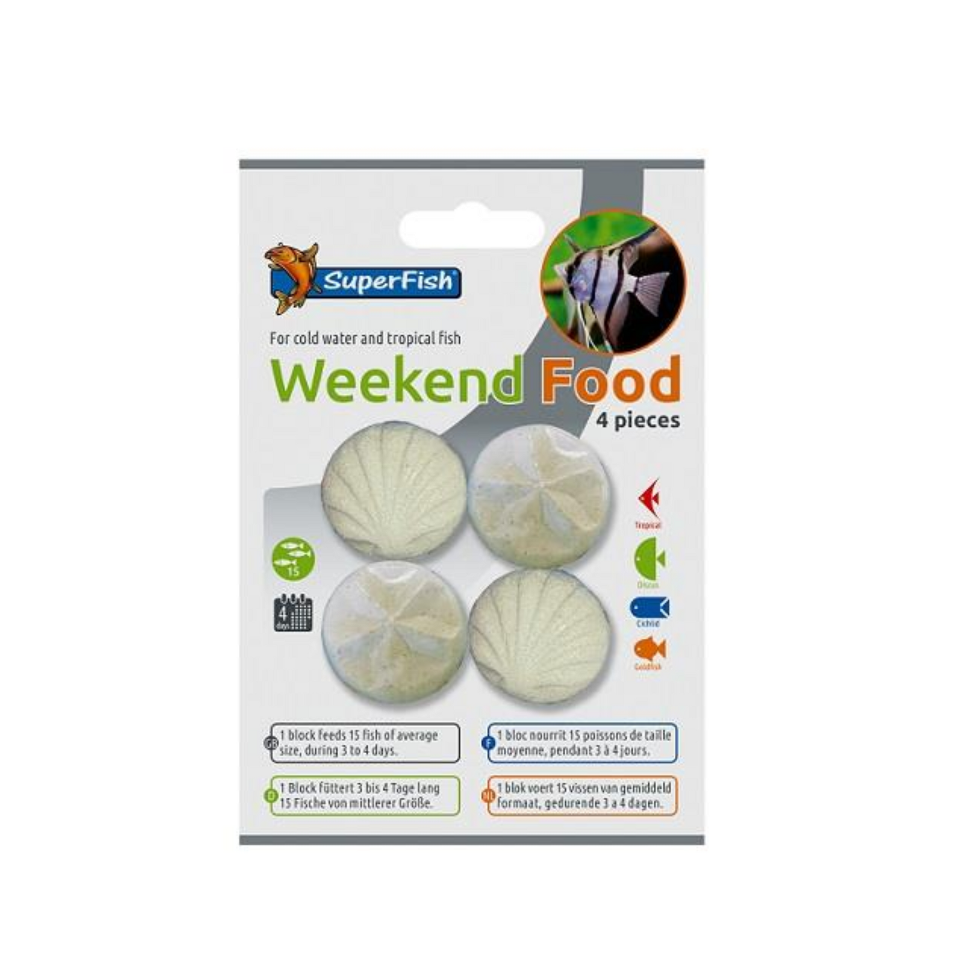 Superfish 4-pack of round, slow-dissolving weekend fish food blocks in white packaging for tropical and coldwater fish.