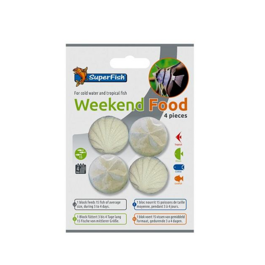 Superfish 4-pack of round, slow-dissolving weekend fish food blocks in white packaging for tropical and coldwater fish.