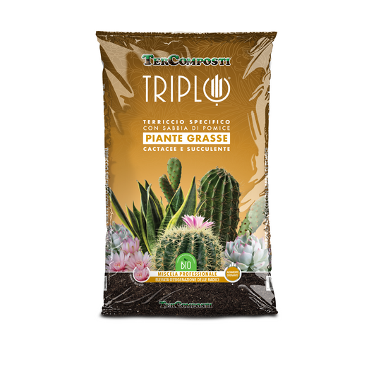 A bag of TerComposti Triplio Grasse succulent and cactus specific compost, featuring a brown and gold design with illustrations of various cacti and succulents.