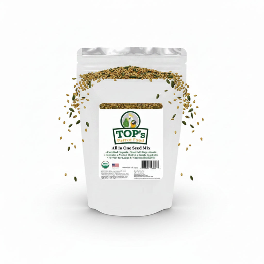 A white stand-up pouch of TOP's Natural Seeds All in One Seed Mix on a plain white background.