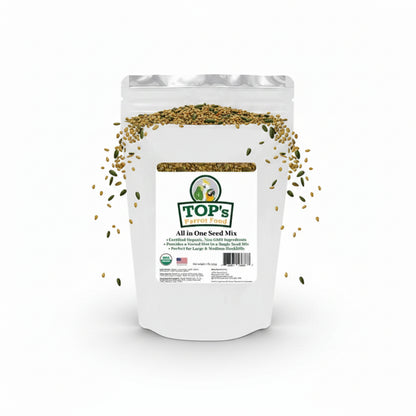 A white stand-up pouch of TOP's Natural Seeds All in One Seed Mix on a plain white background.