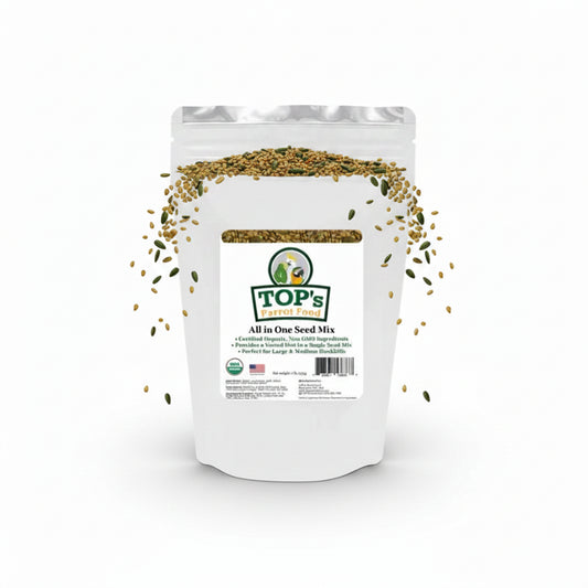 A white stand-up pouch of TOP's Natural Seeds All in One Seed Mix on a plain white background.