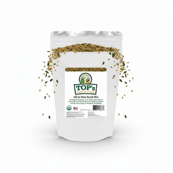 A white stand-up pouch of TOP's Natural Seeds All in One Seed Mix on a plain white background.