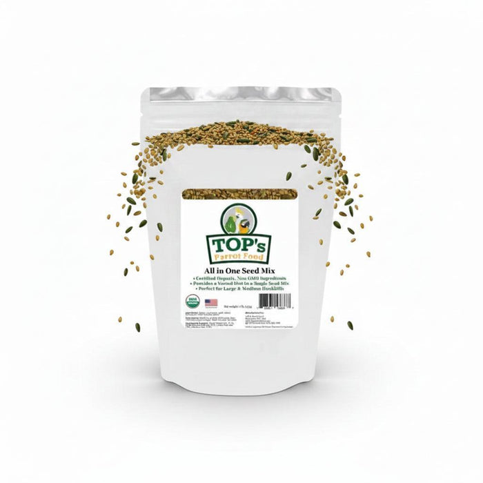 A white stand-up pouch of TOP's Natural Seeds All in One Seed Mix on a plain white background.