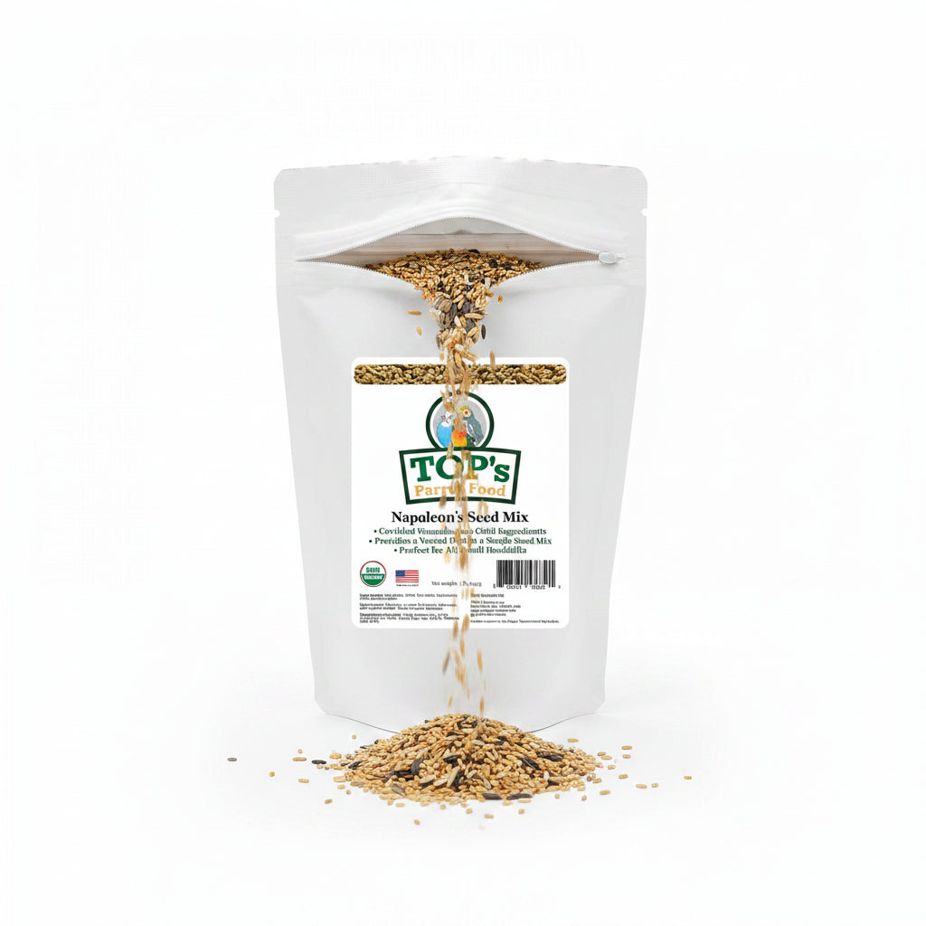 A white stand-up pouch of TOP'S Napoleon's Seed Mix on a plain white background.