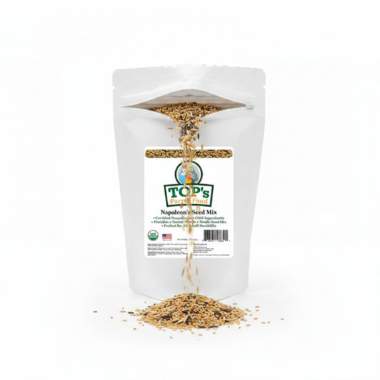 A white stand-up pouch of TOP'S Napoleon's Seed Mix on a plain white background.