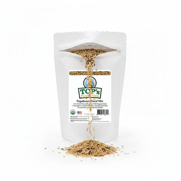 A white stand-up pouch of TOP'S Napoleon's Seed Mix on a plain white background.