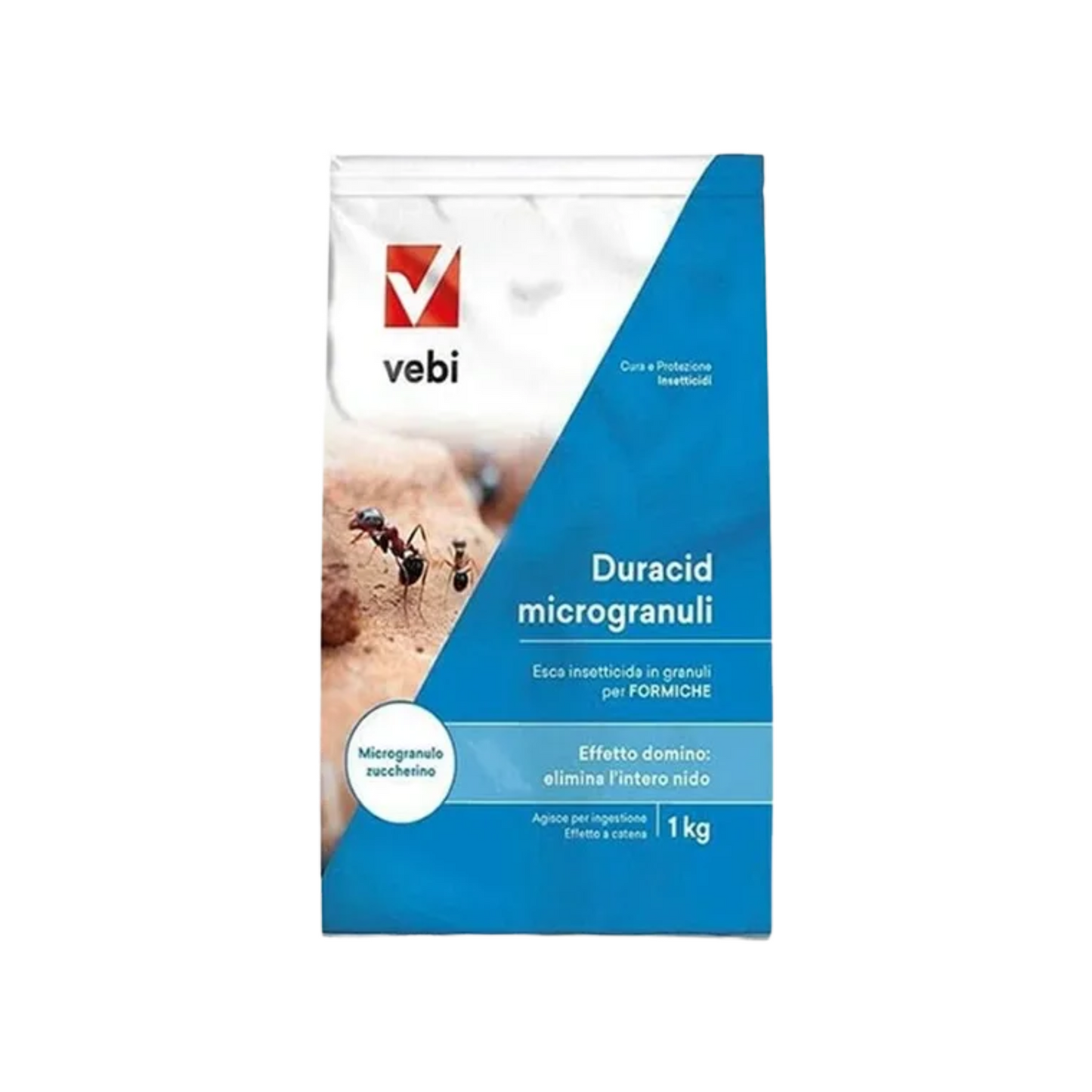 A 1 kg bag of Vebi Duracid microgranuli ant treatment, featuring a blue and white design with an ant illustration, on a plain white background.