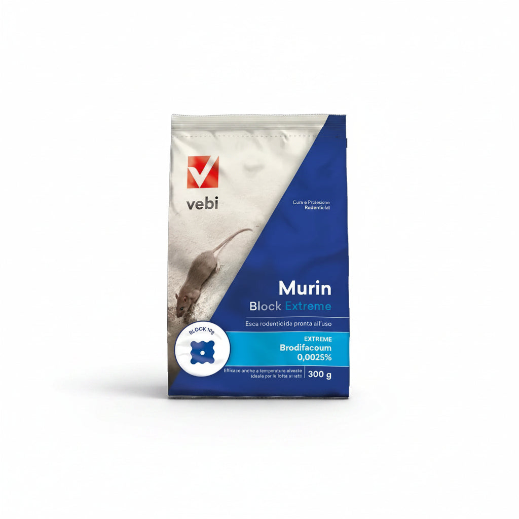 Vebi Murin Block Extreme rodenticide bait bag, 300g, featuring a blue and white design with a picture of a mouse and a red Vebi logo.