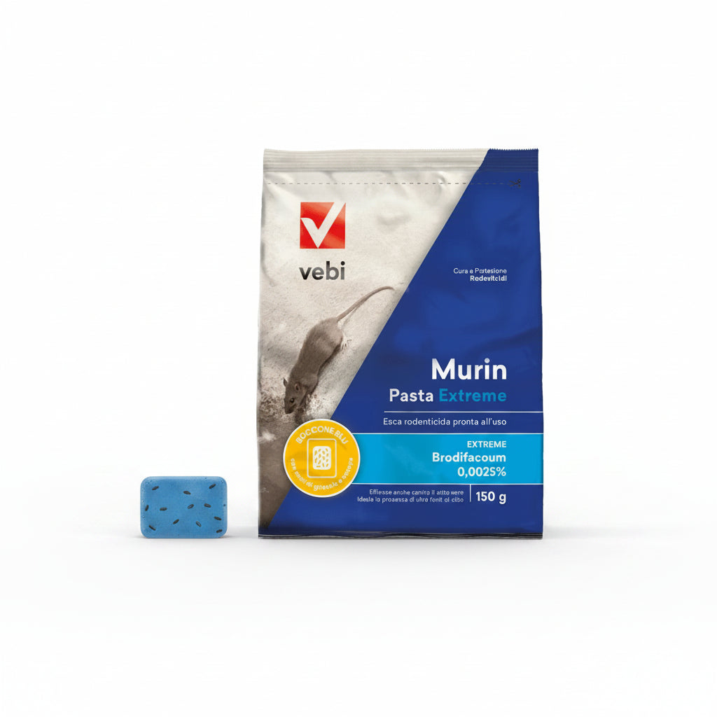 Vebi Murin Pasta Extreme rodenticide bait bag in blue and white packaging, shown alongside a small blue bait packet on a plain white background.