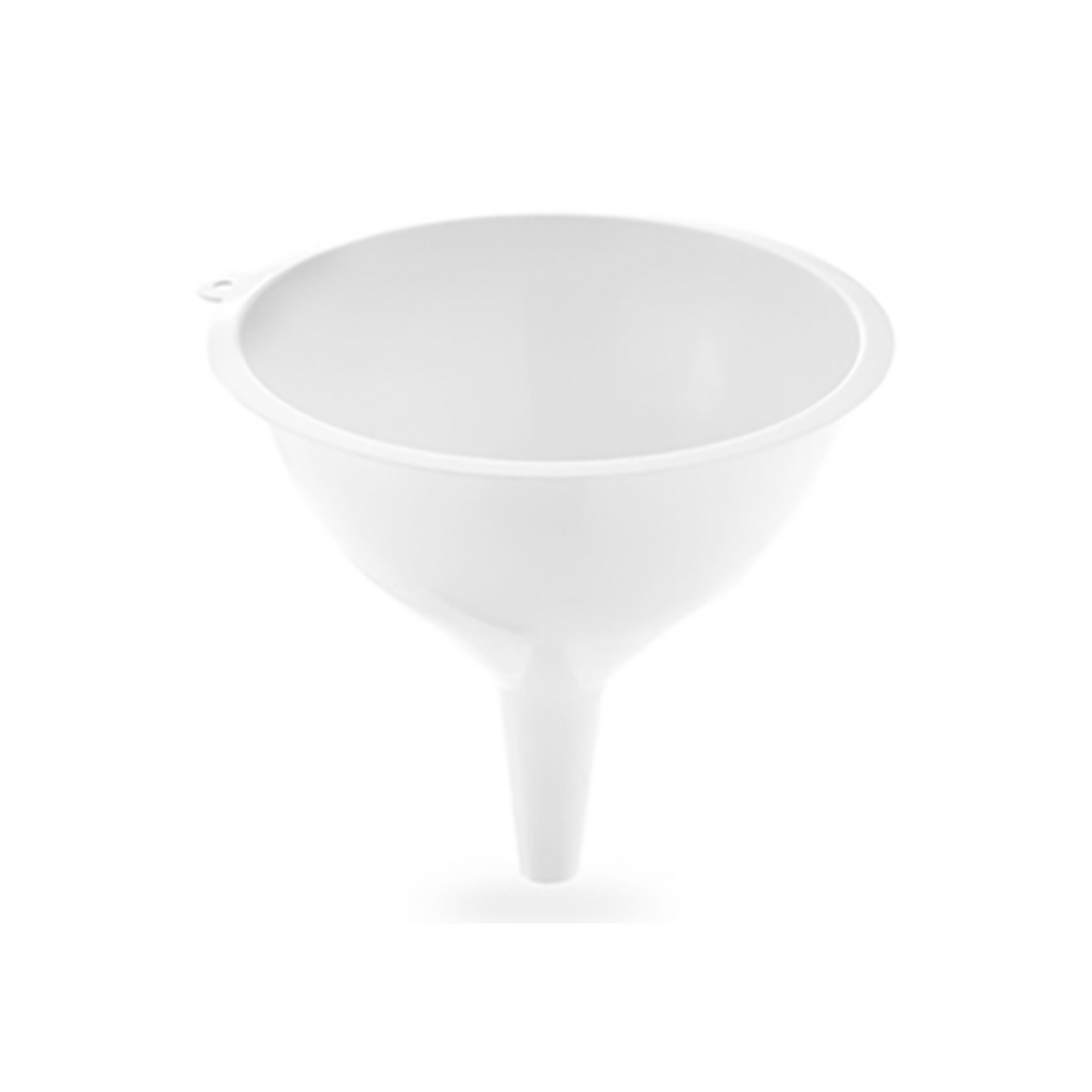A white plastic funnel with a small hanging loop on the left side, shown on a clean white background.